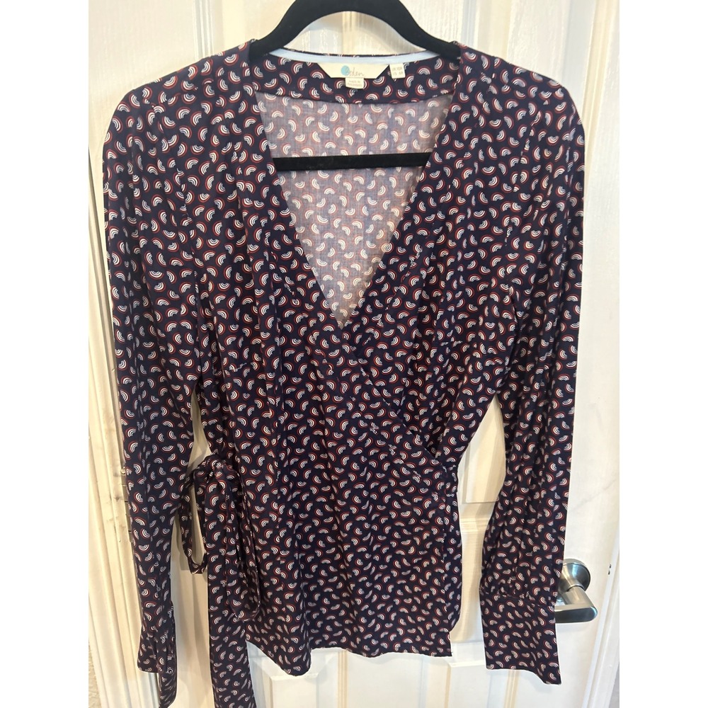 Boden Wrap Top Navy Blue Rainbow Print Viscose Long Sleeve Blouse US 6R